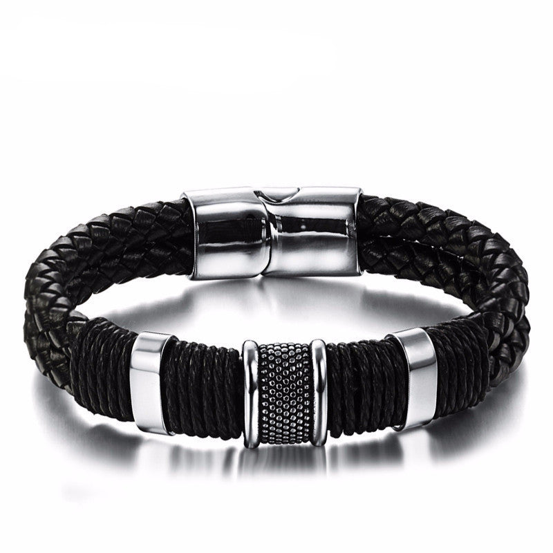 Stainless Steel Black Leather Bangles w/ Magnetic Clasp