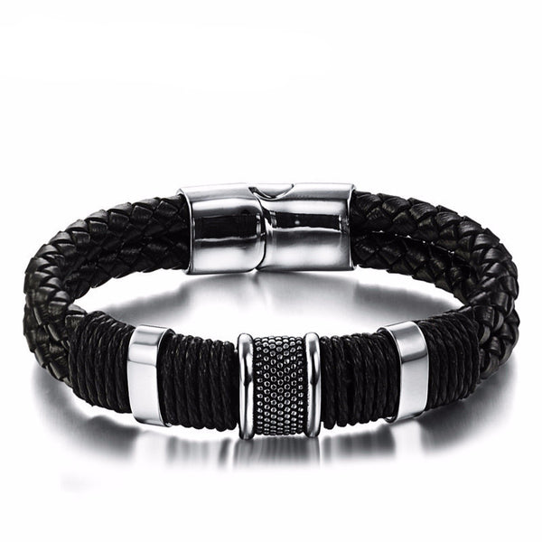 Stainless Steel Black Leather Bangles w/ Magnetic Clasp