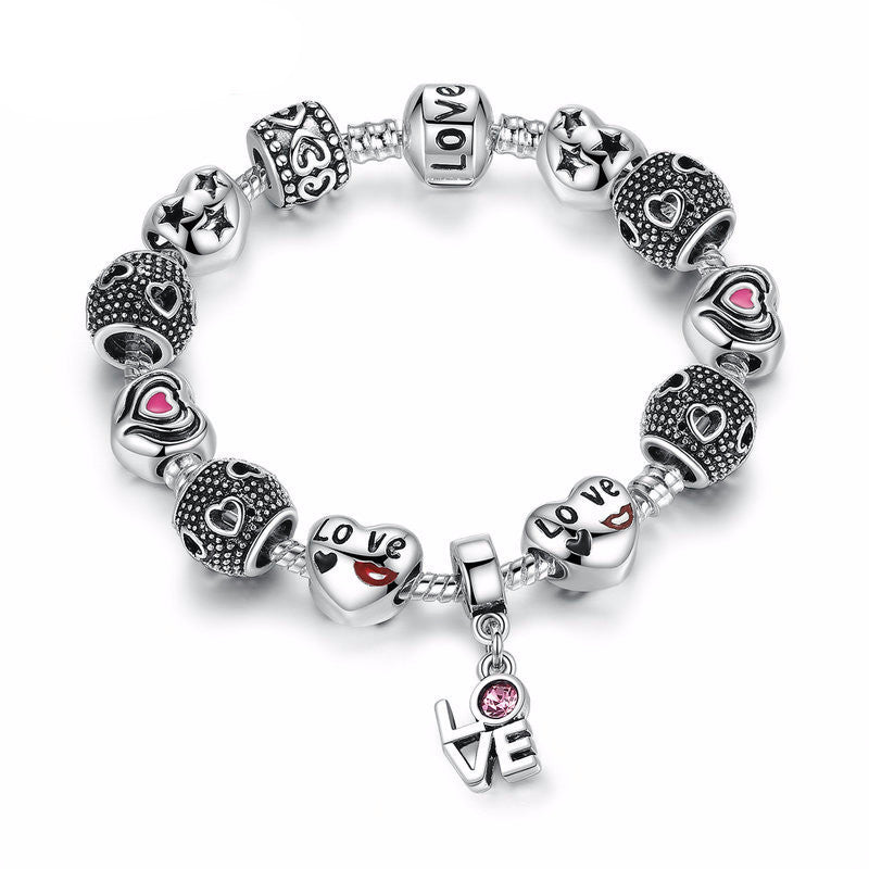 Silver European Pink Charm Bracelet