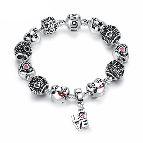 Silver European Pink Charm Bracelet