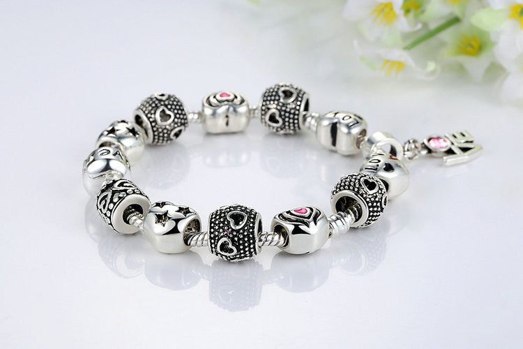 Silver European Pink Charm Bracelet