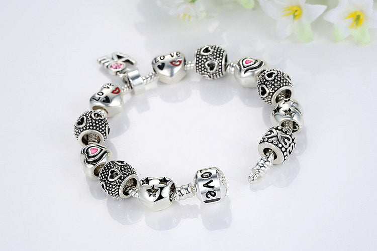 Silver European Pink Charm Bracelet