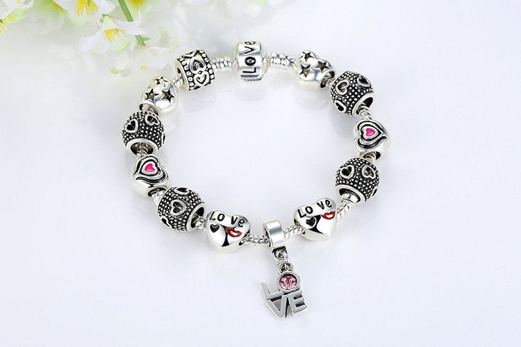 Silver European Pink Charm Bracelet