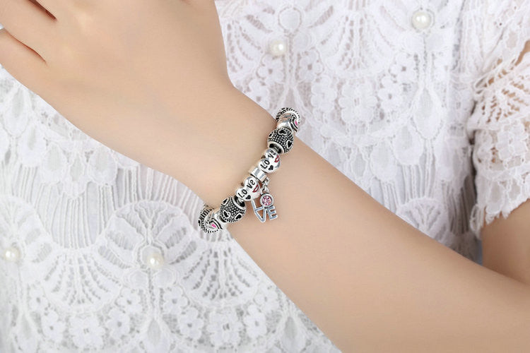 Silver European Pink Charm Bracelet