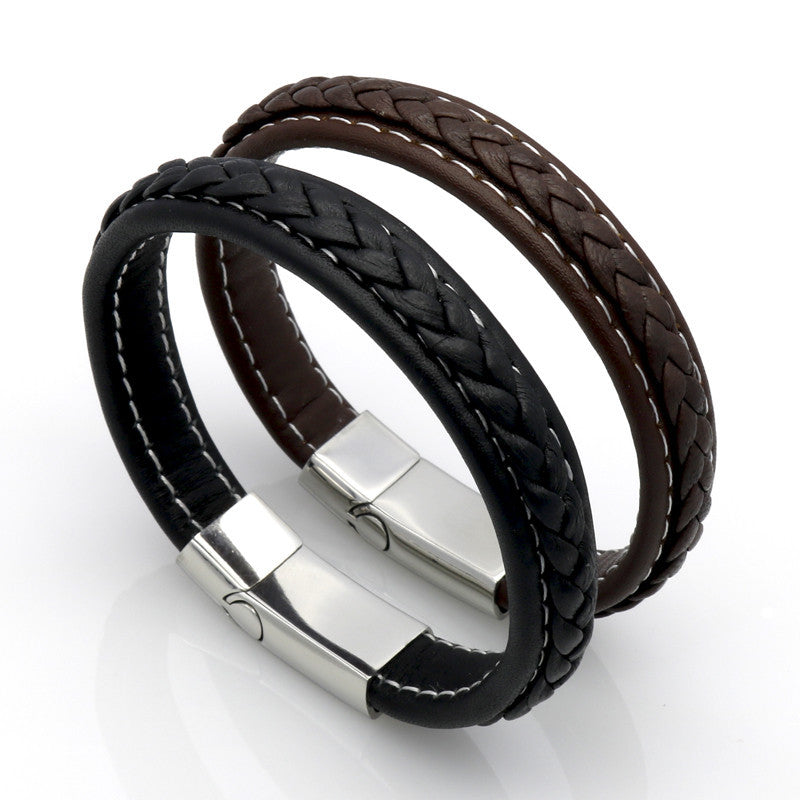 Stainless Steel Leather Braid Bracelet