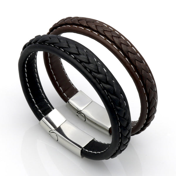 Stainless Steel Leather Braid Bracelet